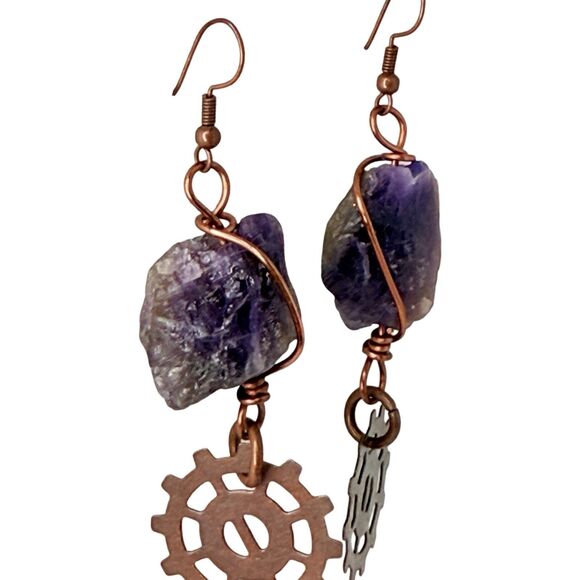 Amethyst Copper Wrapped Dangle Earrings Gear Charm 3" Artesian Steampunk - Picture 9 of 11